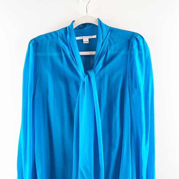 Diane Von Furstenberg Jezebel Tie Neck Chiffon Sheer Button Up Blouse Blue 6 - Picture 7 of 12
